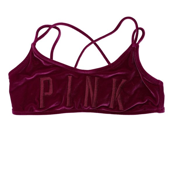 Victoria's Secret PINK Velour Embroidered Spell Out Bikini Top Pink Purple Small - Picture 1 of 6
